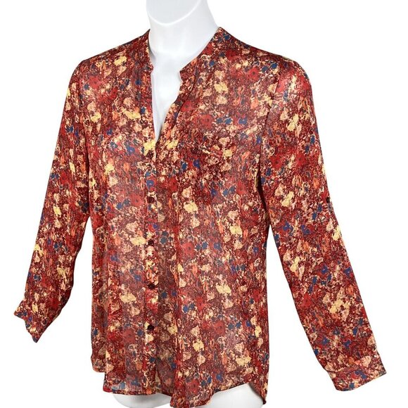 Kut From The Kloth Womens L Chiffon Sheer Floral Blouse Long Tab Sleeve Artsy - Picture 9 of 16